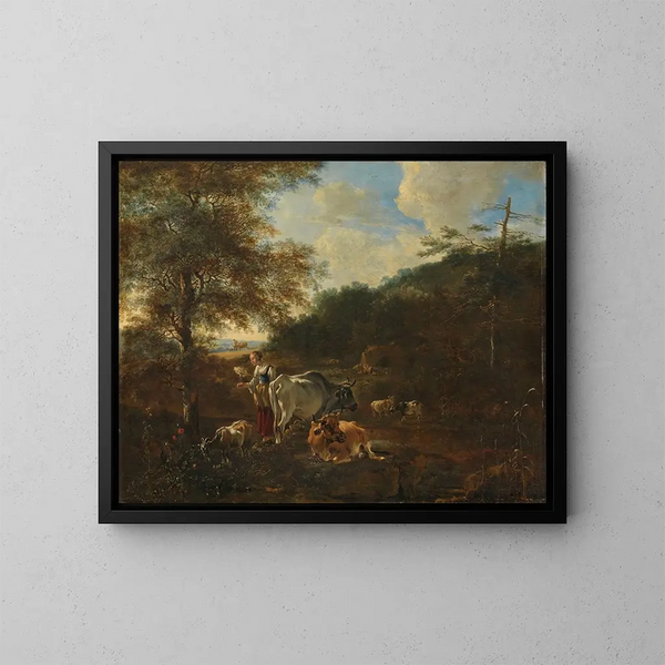 Paisaje con ganado - Adam Pynacker — cuadro enmarcado en la pared