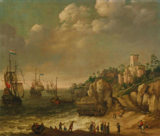 Adam Willaerts - Dutch ships in front of a rocky coast with figures buildings beyond.webp