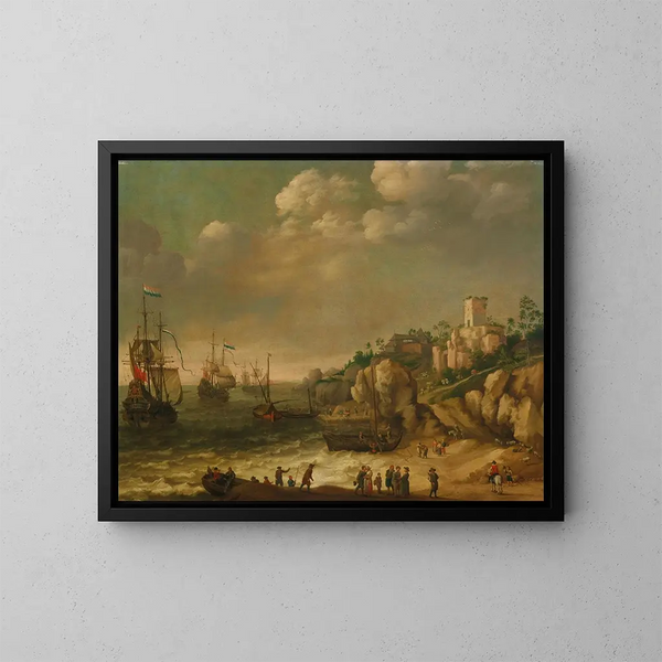 Dutch ships painting in front of a rocky coast with figures and buildings beyond - Adam Willaerts — framed artwork on a wall