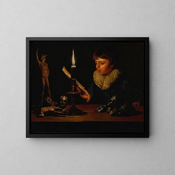 a Boy Behind a Table with Statues Reading by Candlelight - Adam de Coster — framed artwork on a wall