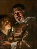 a Mature Man and Young Boy Holding a Glass of Wine by Candlelight - Adam de Coster — artwork view