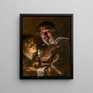 Adam de Coster - Homme mur et jeune garon tenant un verre de vin la lumire dune bougie.webp