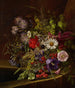 Margaritas de gloria matutina, grosellas rojas y otras frutas y flores sobre un alféizar - Adelheid Dietrich — vista de la obra