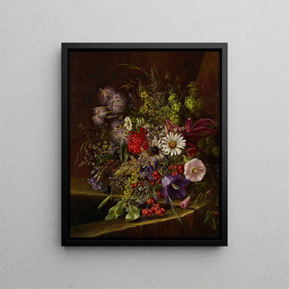 Margaritas de gloria matutina, grosellas rojas y otras frutas y flores sobre un alféizar - Adelheid Dietrich — cuadro enmarcado en la pared