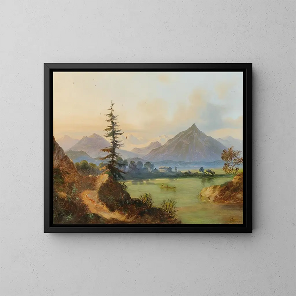 Lake in a Mountain Landscape - Adolf Heinrich Lier — framed artwork on a wall