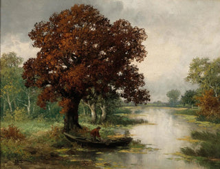 Adolf Kaufmann - A River Landscape with Fisherman in Autumn.webp
