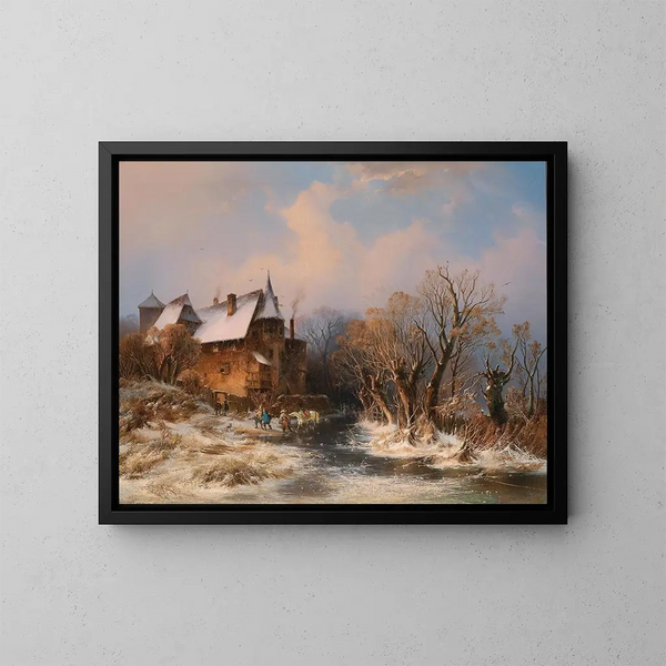 a Winter River Landscape with House and Decorative Figures - Adolf Stademann — framed artwork on a wall