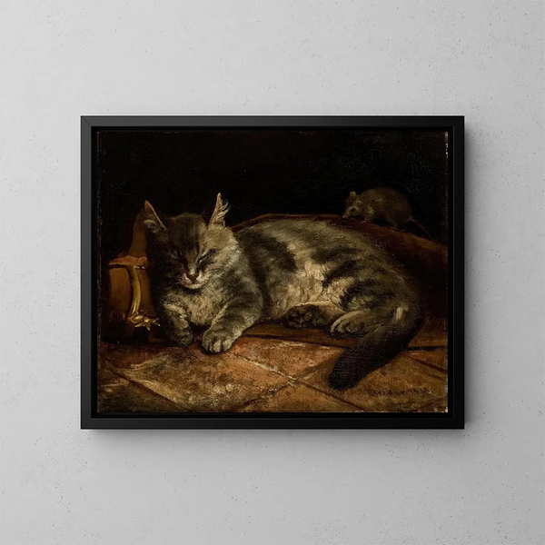 Chat gris endormi et un rat - Adolf von Becker — framed artwork on a wall