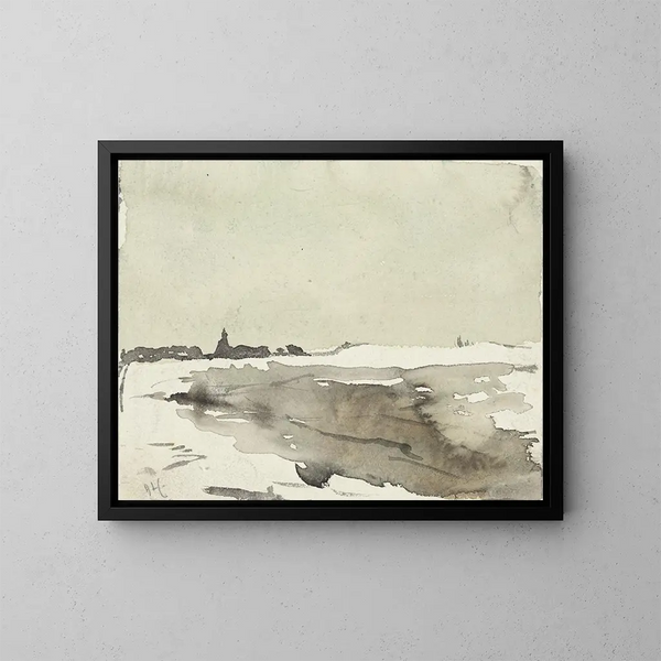 Paisaje de invierno con iglesia a lo lejos - Adolf le Comte — cuadro enmarcado en la pared