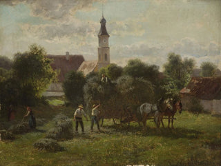 Adolf van der Venne - Carting hay with a view of the village and the church.webp