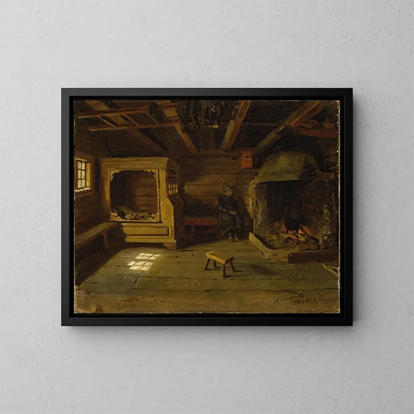 Interior farm painting in Skjnne in Numedal - Adolph Tidemand — framed artwork on a wall