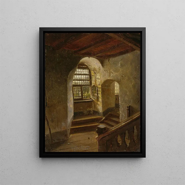Escalera en un castillo junto al Rhin - Adolph Tidemand — cuadro enmarcado en la pared