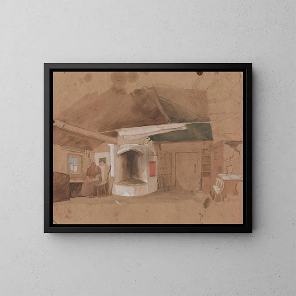 Interior painting with seated woman - Adolph Tidemand — framed artwork on a wall