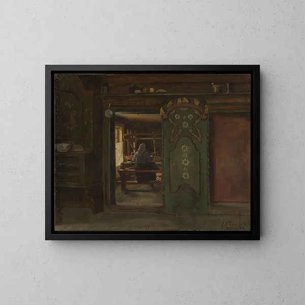 Woman at the loom - Adolph Tidemand — framed artwork on a wall