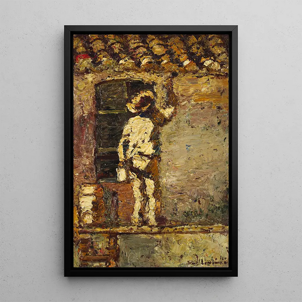 Un pintor trabajando en una pared de casa - Adolphe Monticelli — cuadro enmarcado en la pared