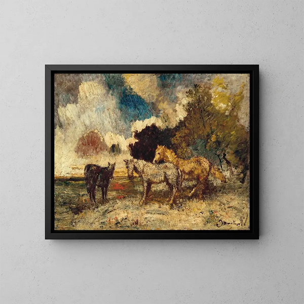 Los Tres Caballos - Adolphe Monticelli — cuadro enmarcado en la pared
