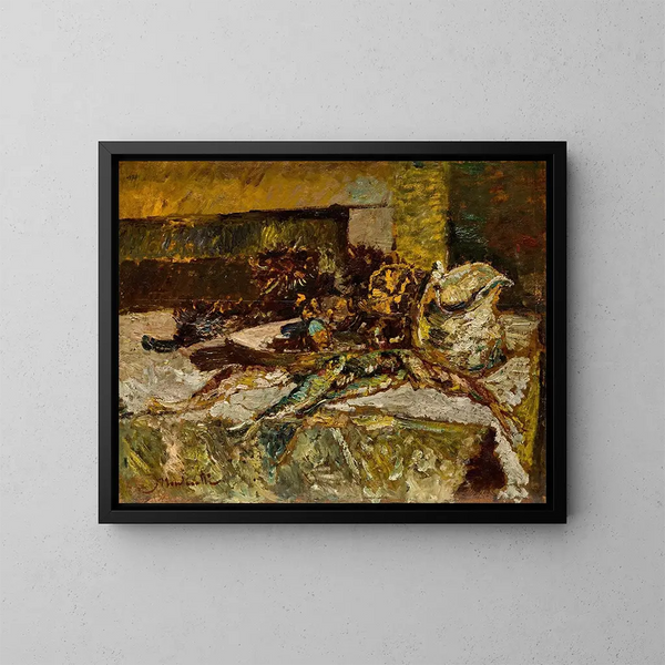 naturaleza muerta con sardinas y erizos - Adolphe Monticelli — cuadro enmarcado en la pared
