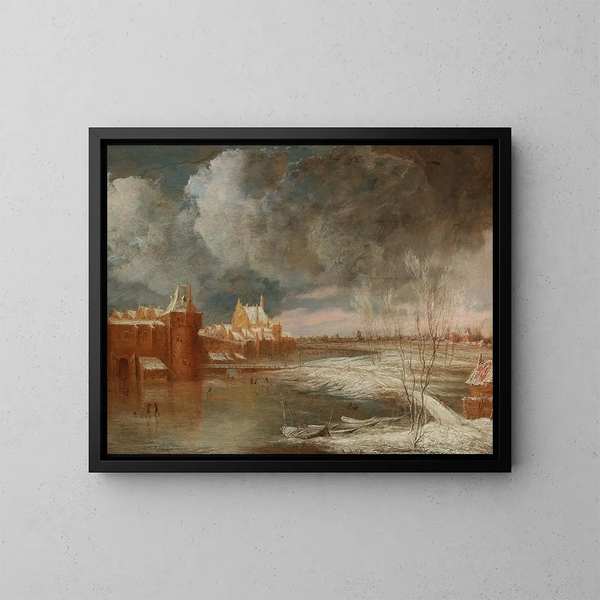 Winter landscape painting near Rotterdam with the Hofpoort and the old Delftsche Poort - Adriaen Jansz van Nuys — framed artwork on a wall