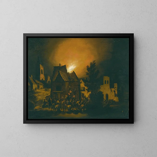 Adriaen Lievensz van der Poel - Peasants Putting Out A Village Fire At Night.webp