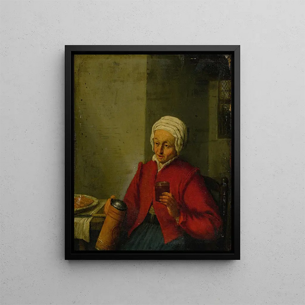 Adriaen van Ostade - A woman holding a jug and a cup.webp