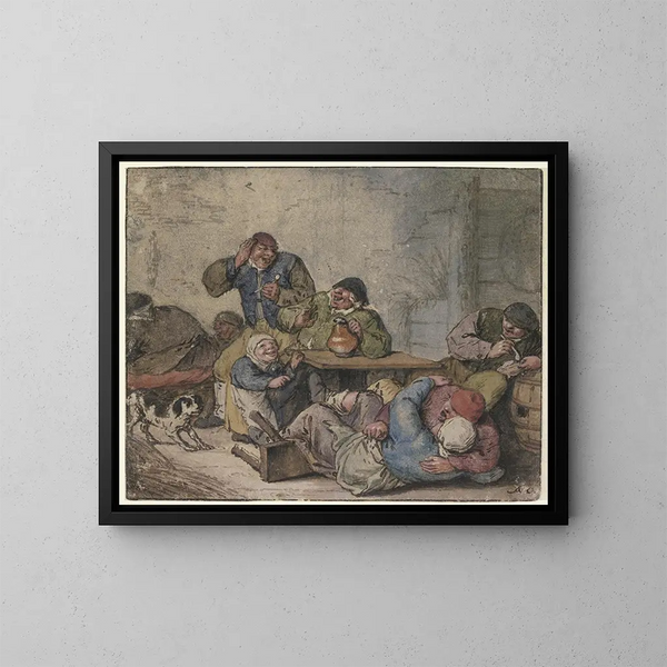 Joyful peasants at the inn - Adriaen van Ostade — framed artwork on a wall