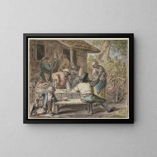 campesinos con niños frente a una casa - Adriaen van Ostade — cuadro enmarcado en la pared