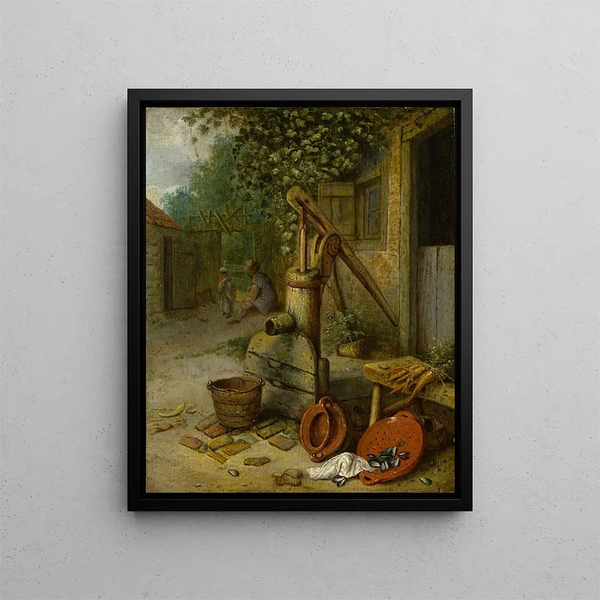 Patio de una granja con pozo de bombeo - Adriaen van Ostade — cuadro enmarcado en la pared
