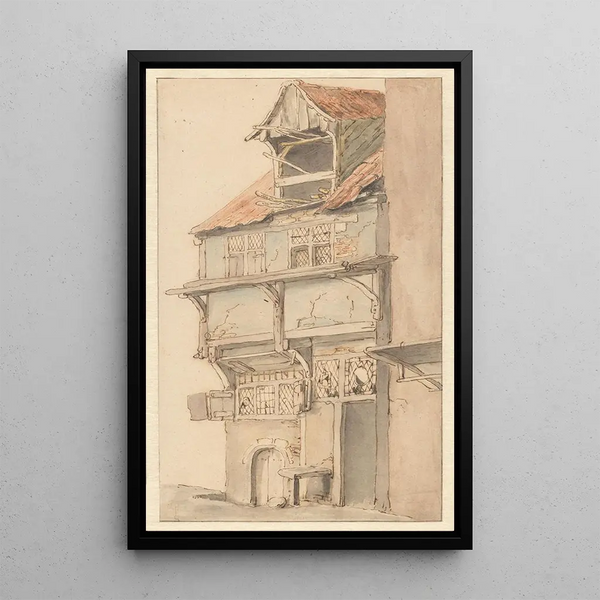 la fachada de una casa en esquina con lucarna abierta - Adriaen van Ostade — cuadro enmarcado en la pared