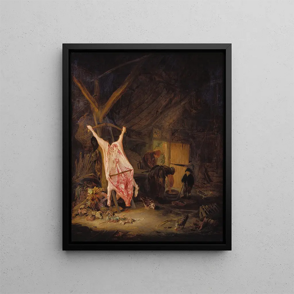 Cerdo abatido en un granero - Adriaen van Ostade — cuadro enmarcado en la pared