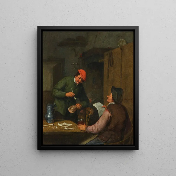 Dos campesinos fuman, beben y leen en una posada - Adriaen van Ostade — cuadro enmarcado en la pared