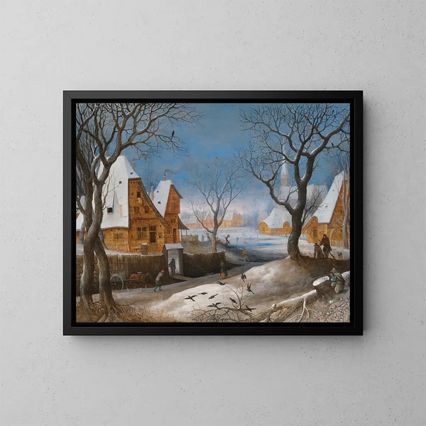 a winter landscape with figures in a village - Adriaen van Stalbemt — framed artwork on a wall