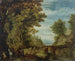a wooded landscape with travelers crossing a bridge - Adriaen van Stalbemt — artwork view