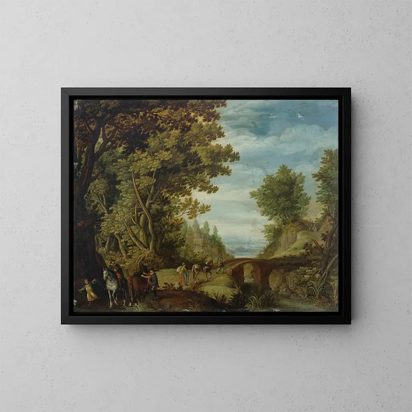 a wooded landscape with travelers crossing a bridge - Adriaen van Stalbemt — framed artwork on a wall