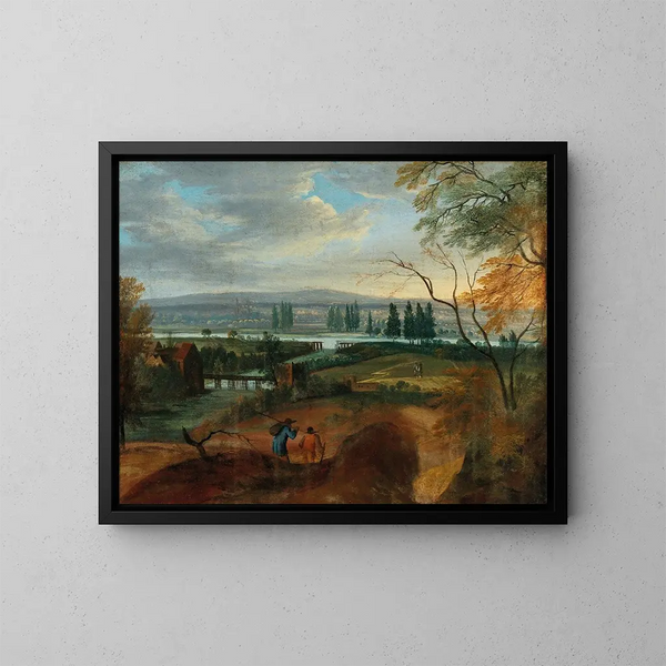 a vast hilly landscape with a river - Adriaen van Stalbemt — framed artwork on a wall