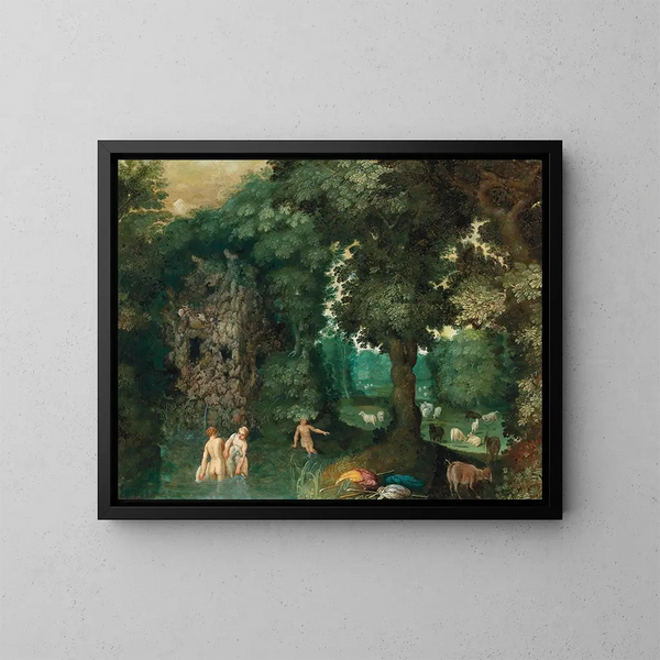 Nymph bathing in a forest - Adriaen van Stalbemt — framed artwork on a wall