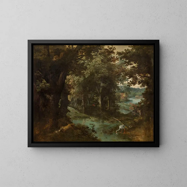 Landscape painting with beast fables - Adriaen van Stalbemt — framed artwork on a wall