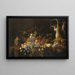 Nature morte with grapes, figs, apples, oranges, apricots, lemons, a melon, blackberries, an open pomegranate, and cherries - Adriaen van Utrecht — framed artwork on a wall