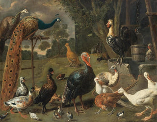Adriaen van Utrecht - Peacock and peahen on a perch turkeys a pheasant and poultry by a well.webp