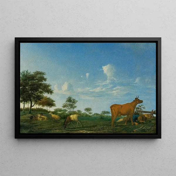 Adriaen van de Velde - A cow sheep and goats in a meadow with a shepherd asleep.webp