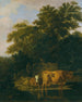a wooded landscape at dusk with two shepherds, a dog, sheep, and cattle - Adriaen van de Velde — artwork view