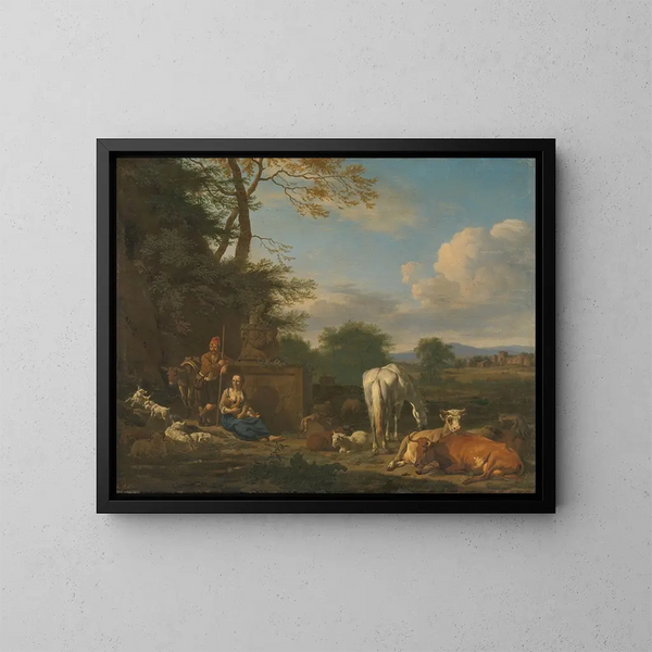 Landscape painting with shepherds and resting animals - Adriaen van de Velde — framed artwork on a wall