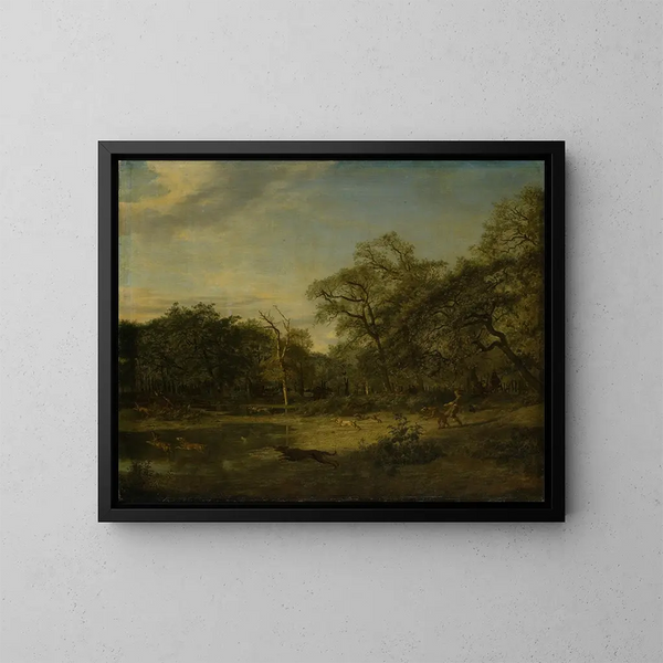 Deer hunt in a marshy forest landscape - Adriaen van de Velde — framed artwork on a wall