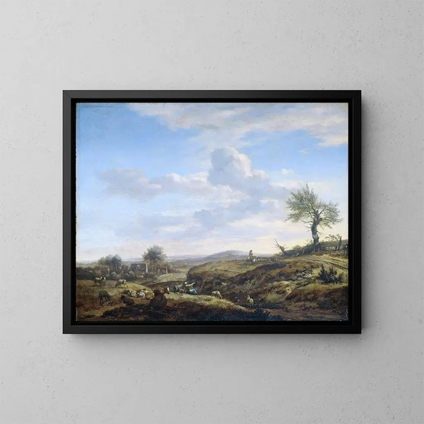 Landscape painting with a large road - Adriaen van de Velde — framed artwork on a wall