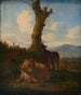 Italian landscape painting with a ram, other sheep, and a dead tree - Adriaen van de Velde — artwork view