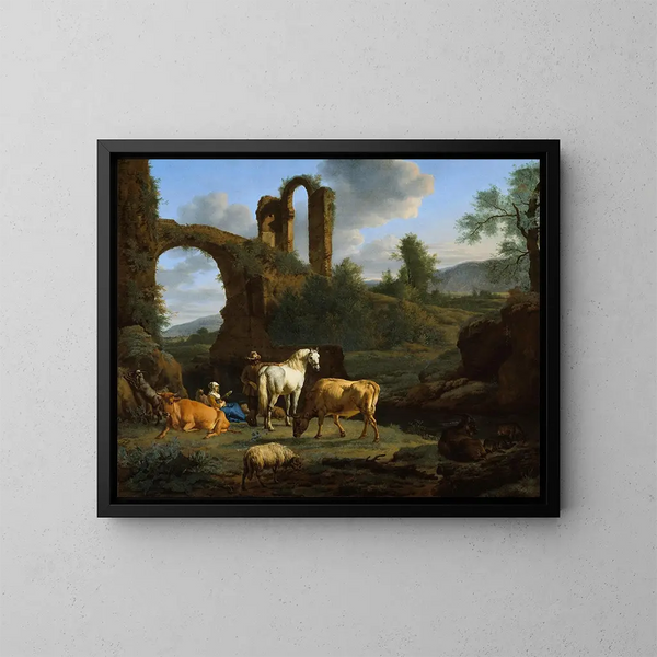 Landscape painting with ruins - Adriaen van de Velde — framed artwork on a wall