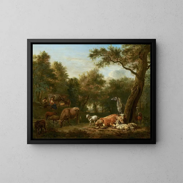 a wooded landscape with livestock - Adriaen van de Velde — framed artwork on a wall