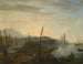 Una escena mediterránea con figuras descansando y pescadores tirando de sus redes en primer plano, una torre al fondo - Adrien Manglard — vista de la obra
