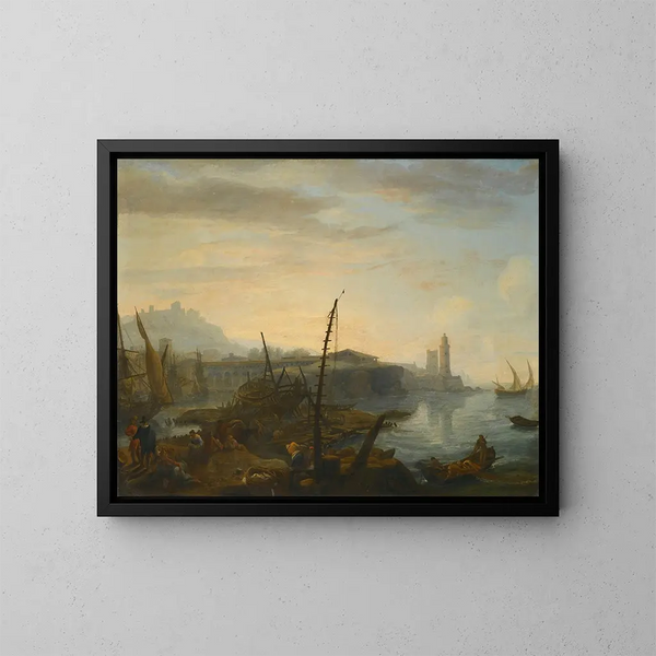 a Mediterranean port with resting figures and fishermen pulling their nets in the foreground, a tower beyond - Adrien Manglard — framed artwork on a wall