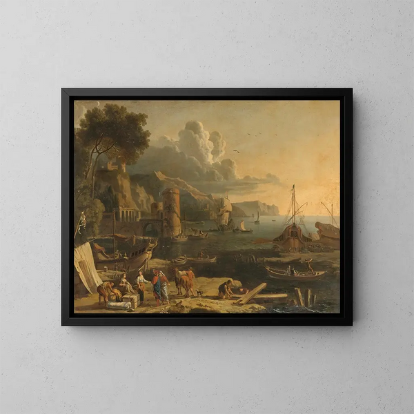 Mediterranean port scene - Adrien Manglard — framed artwork on a wall