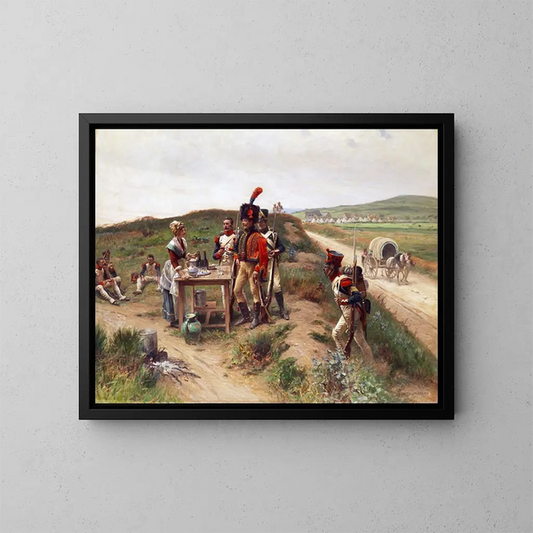 de los soldados en descanso junto a una cantinera - Adrien Moreau — cuadro enmarcado en la pared